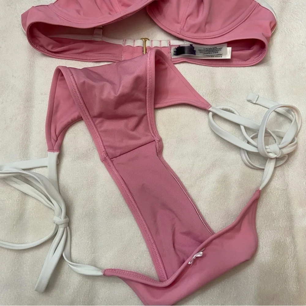 New! Frankie’s Bikinis x PINK Pink and White Bikini Set 3983